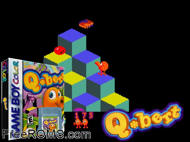 Q-Bert Demo (Public Domain)[T+Gre] Gameboy Color game showing 3D box cover and gameplay screenshot